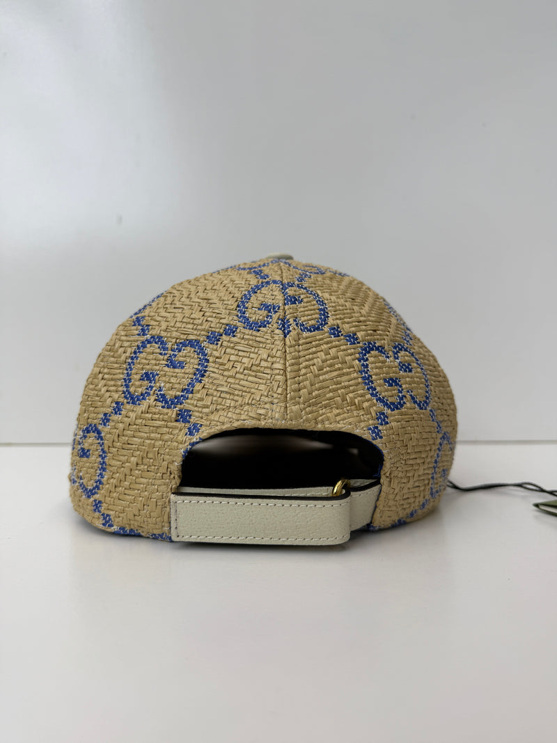 Gucci Hat Baseball Cap Woven Raffia Straw Blue Chevron GG Logo