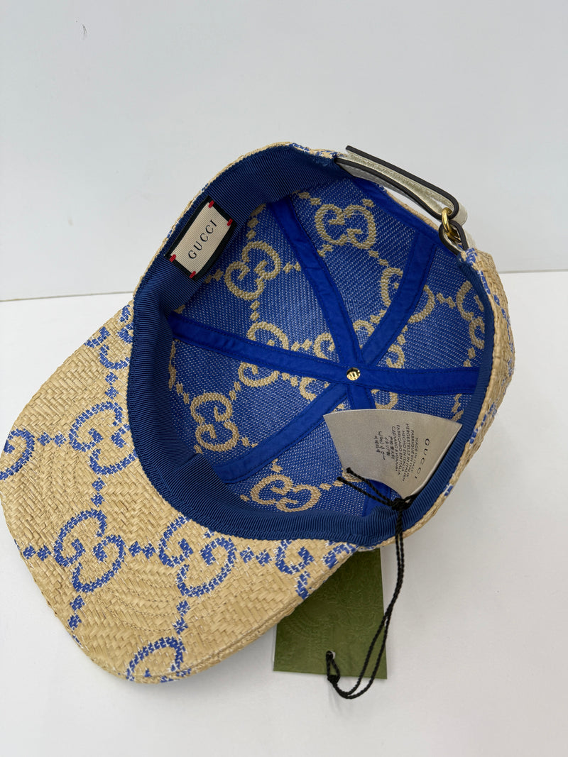 Gucci Hat Baseball Cap Woven Raffia Straw Blue Chevron GG Logo