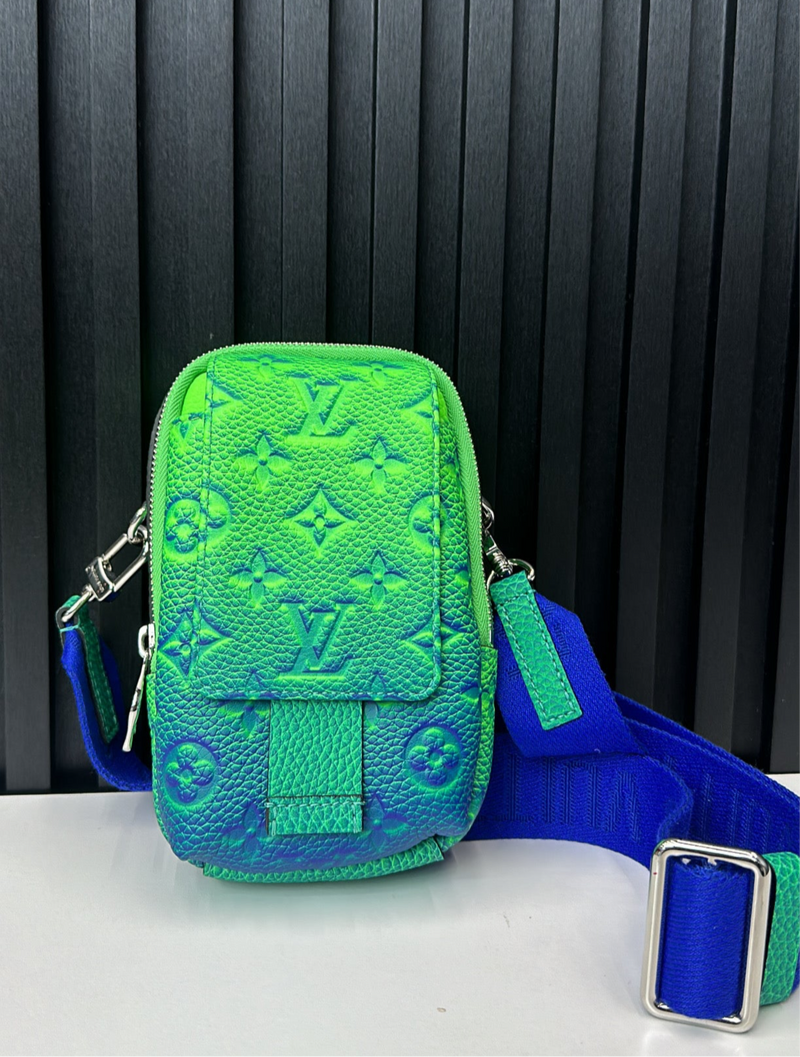 LV Virgil Abloh Blue & Green Monogram Illusion Leather Flat Double Phone Pouch Silver Hardware, 2022