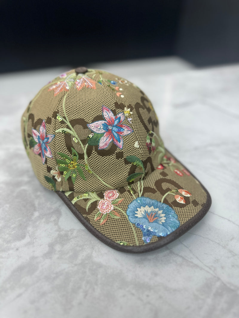 Gucci Jumbo GG Cap Floral Embroidery Beige