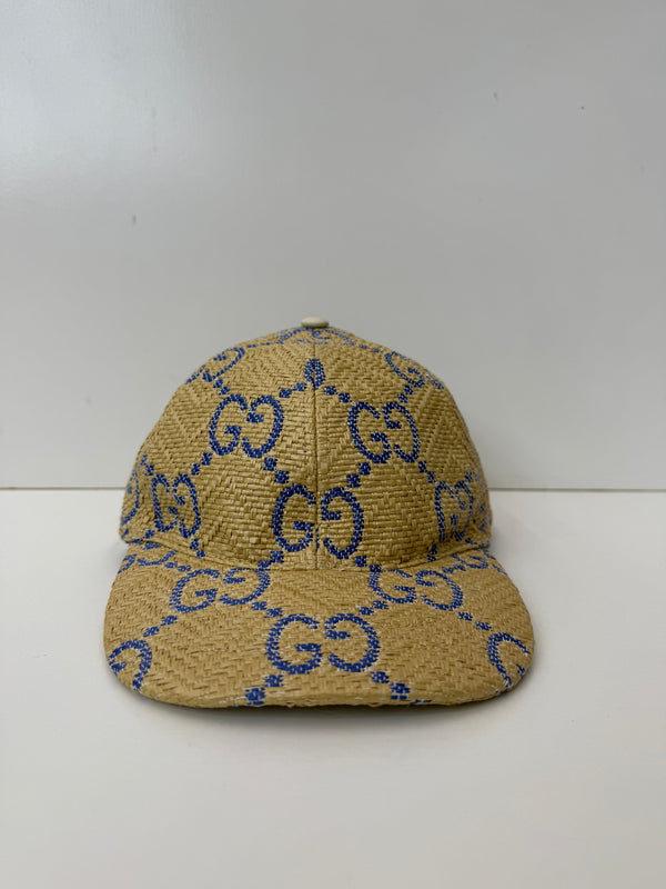 Gucci Hat Baseball Cap Woven Raffia Straw Blue Chevron GG Logo