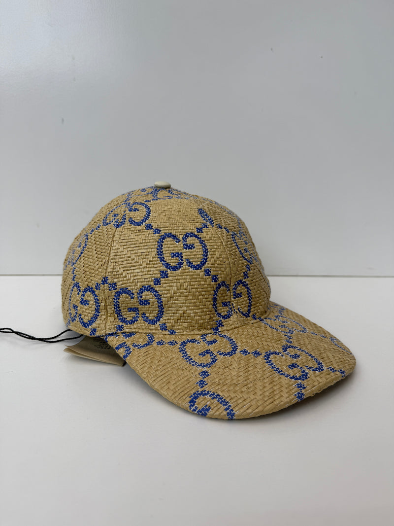 Gucci Hat Baseball Cap Woven Raffia Straw Blue Chevron GG Logo