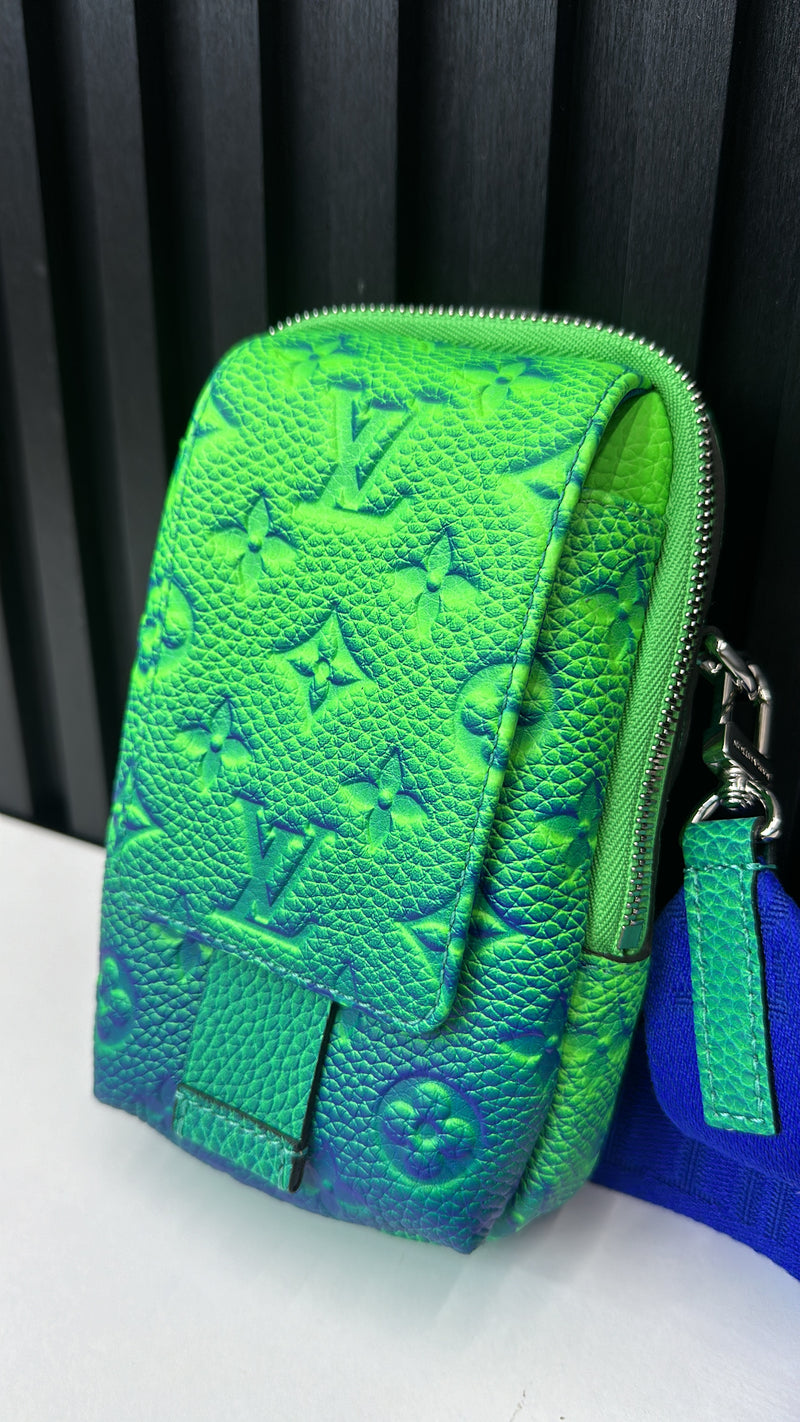 LV Virgil Abloh Blue & Green Monogram Illusion Leather Flat Double Phone Pouch Silver Hardware, 2022