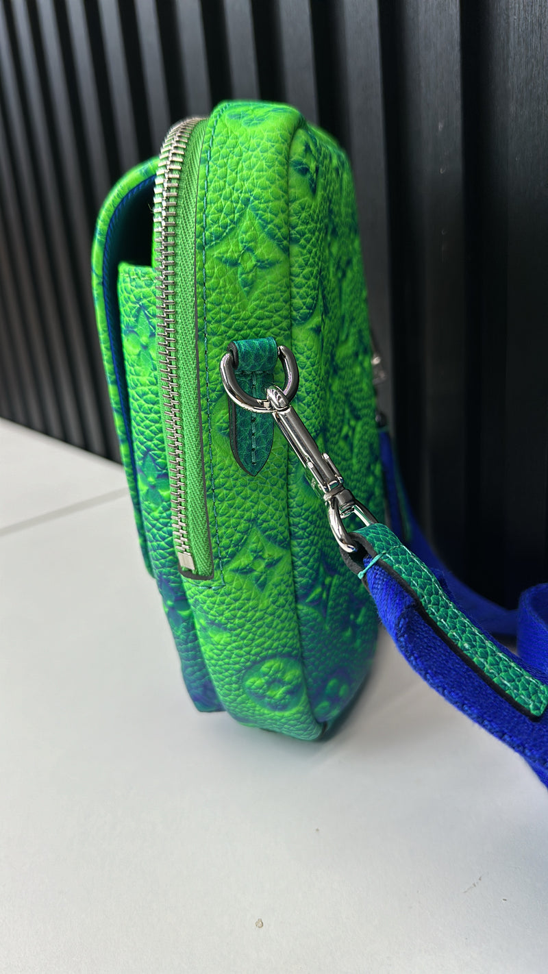 LV Virgil Abloh Blue & Green Monogram Illusion Leather Flat Double Phone Pouch Silver Hardware, 2022