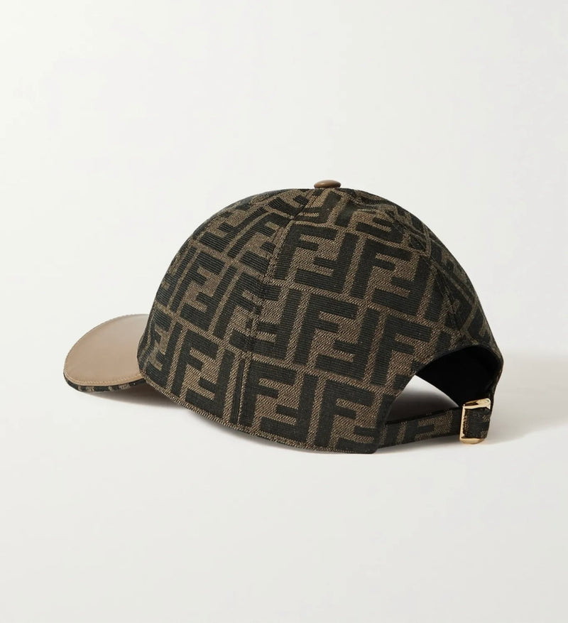 Leather-trimmed canvas-jacquard baseball cap