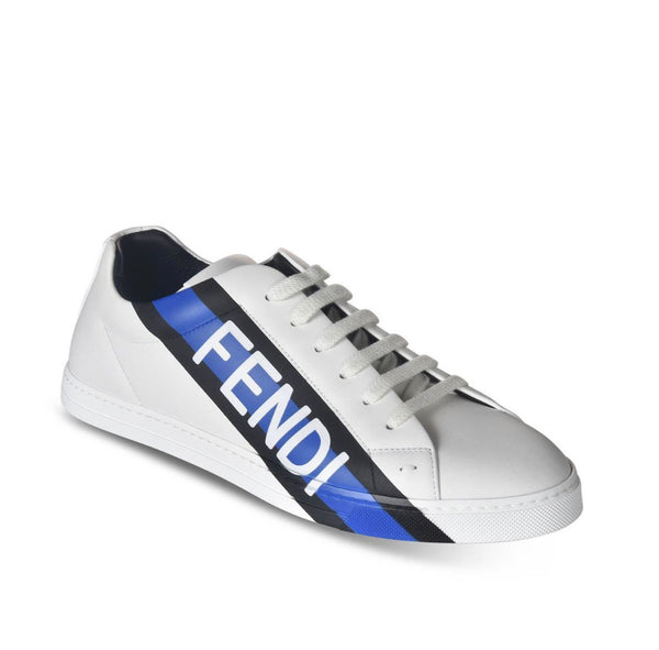 sneakers in white Diagonal stripe with blue and black logo.