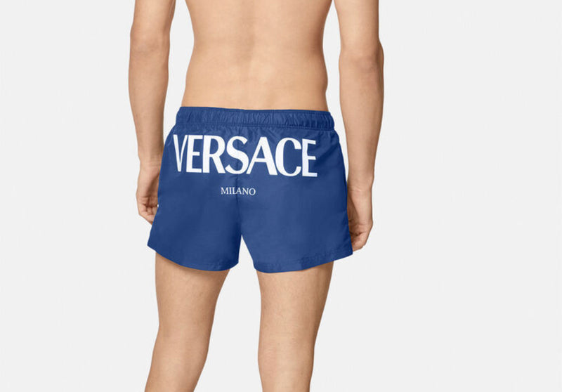 VERSACE LOGO-PRINT SWIM SHORTS - BLUE