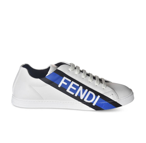 sneakers in white Diagonal stripe with blue and black logo.