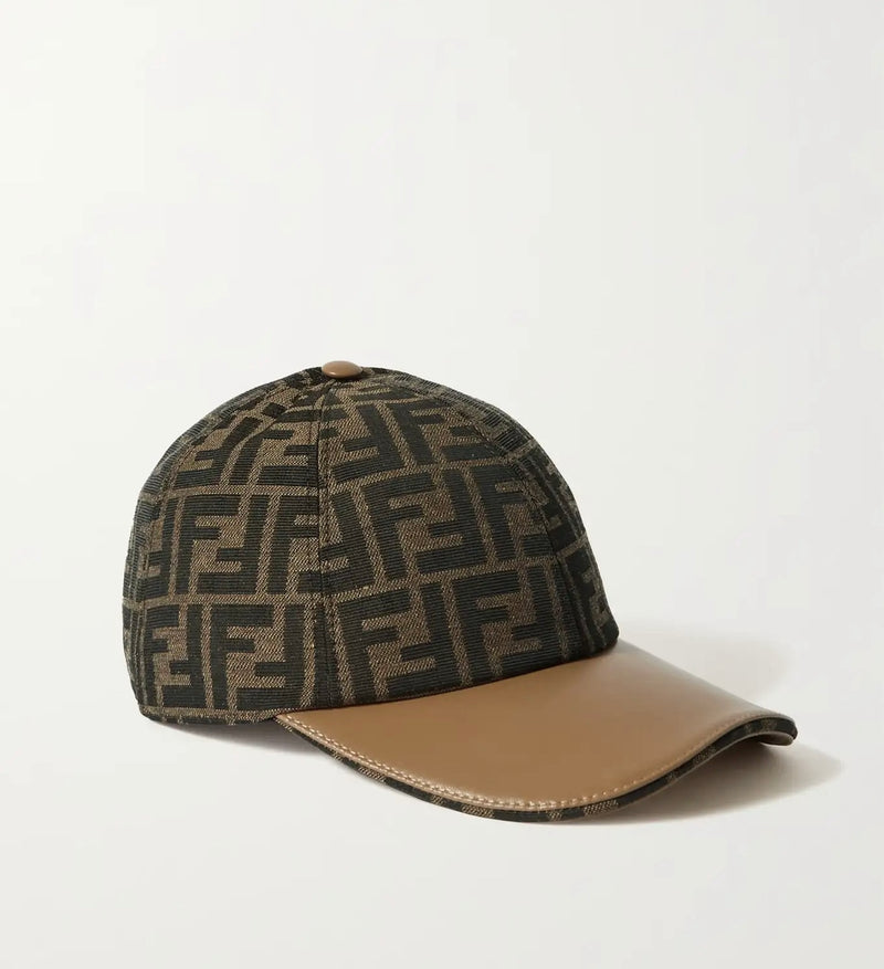 Leather-trimmed canvas-jacquard baseball cap